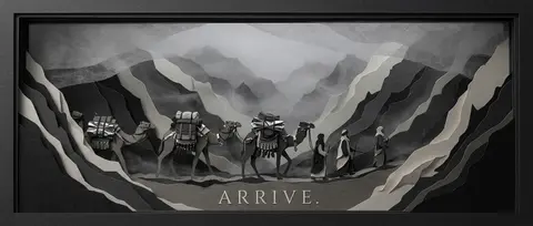 A desert nomad caravan pausing in a fog-shrouded mountain pass, rendered as an i - AI生成图片 1