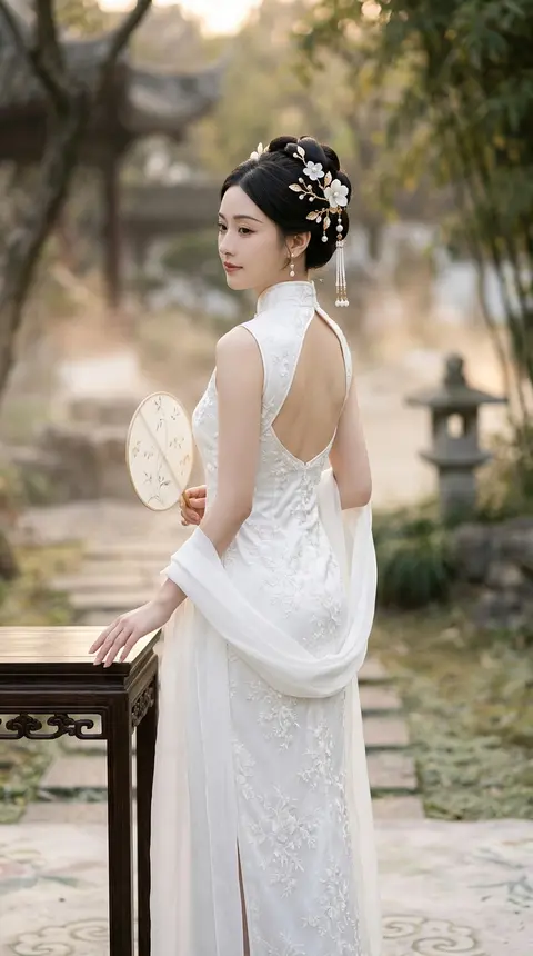 一位成年东方古典美人，`9:16` 竖版构图，侧身偏背面的人像视角，立于画面中央偏左，成为绝对视觉焦点。她微微侧身回眸，低首含蓄，神情安静温柔，流露出清冷、婉约 - AI生成图片 1