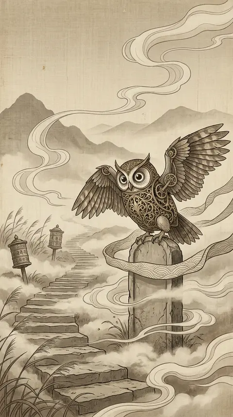 A dreamlike and serene ukiyo-e woodblock print of a clockwork owl poised on a we - AI生成图片 2