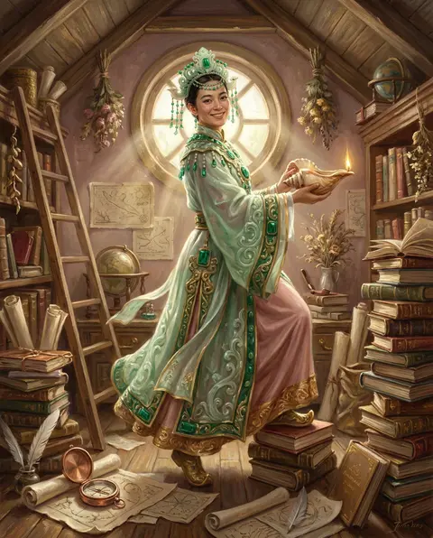 竖幅全身像，欢快明亮的灯塔守望者立于温暖杂乱的阁楼藏书间中央，修长身形微微旋身，脚边散落卷轴、航海星图、铜制罗盘、羽毛笔与叠放失衡的旧书塔；身着完全原创的层叠长 - AI生成图片 3