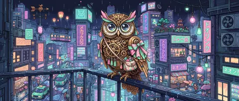 a clockwork owl perched on a rain-slick balcony rail in a towering neon megacity - AI生成图片 4