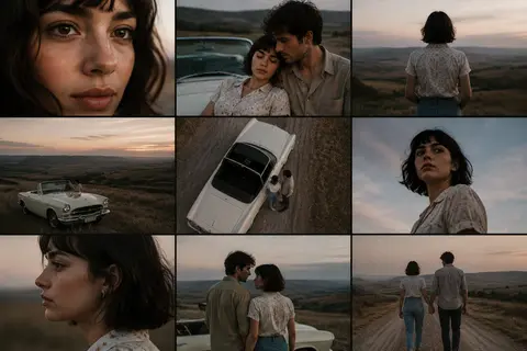 A cinematic 3×3 grid of film-still frames featuring the same couple during a qui - AI生成图片 2