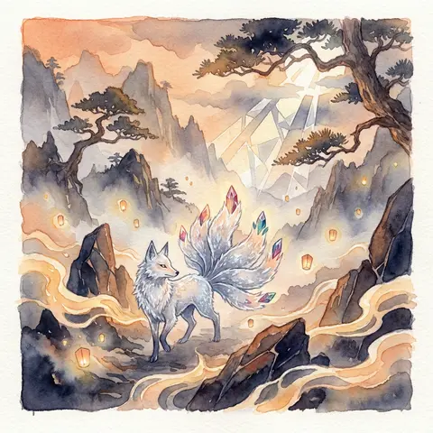 mythical nine-tailed fox spirit wandering a fog-shrouded mountain pass, frosted - AI生成图片 4