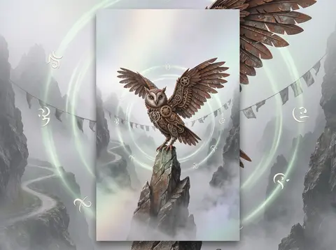 Vertical 9:16 poster, a clockwork owl poised on a jagged marker stone in a fog-s - AI生成图片 1