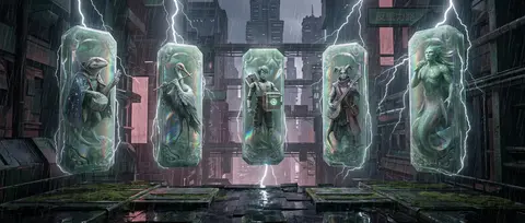 在霓虹与骤雨交织的巨型未来都会深处，五座等距悬浮的雕刻玉质竖碑如失重纪念碑般笔直列阵，表面覆有全息箔膜般的虹彩微光，边缘被雨雾与电流映出神圣轮廓；每一座半透明玉 - AI生成图片 1