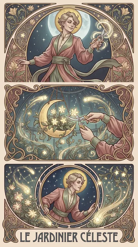 Vertical 3-panel collage, 9:16, art nouveau poster of a celestial gardener tendi - AI生成图片 2