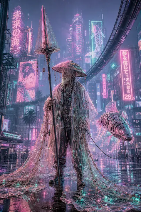 Full-body cinematic portrait of an elderly fisherman with weathered features and - AI生成图片 2