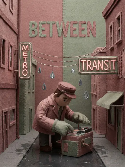 A young tinkering inventor stands under flickering transit signage in a rain-soa - AI生成图片 3