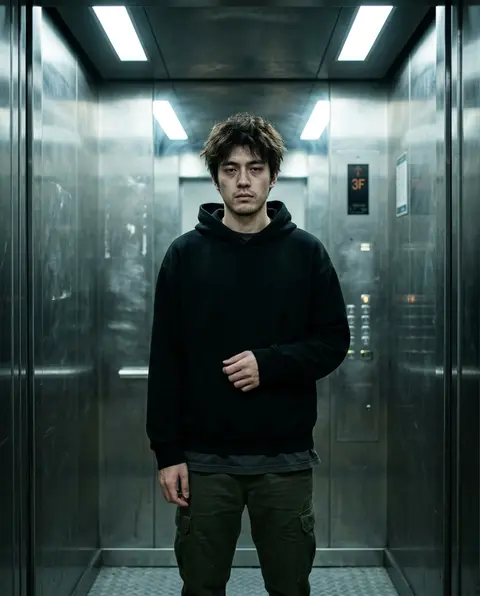 一位名叫陆沉川的年轻男子站在狭窄的不锈钢电梯正中央，正面直视镜头，采用低机位的中景至半身偏全身构图，人物居中且近乎完美对称，画面带着轻微压迫感与强烈孤独气息。陆 - AI生成图片 3