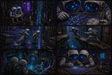 Vertical 6-panel storyboard, 2x3 grid, embroidered textile art, twin astronaut e - AI生成图片 1