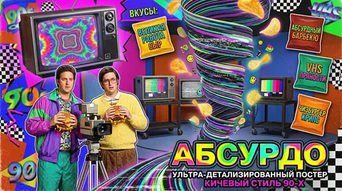 Ультра-детализированный постер чипсов «АБСУРДО» в кичевом стиле 90-х. Ярко-кисло - AI生成图片 4