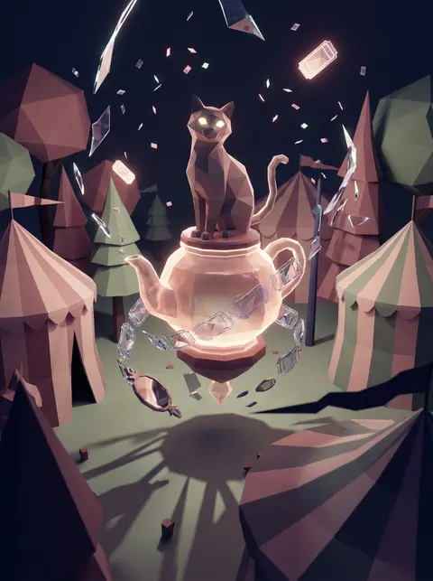 tea-house cat conducting a midnight carnival from a floating translucent resin t - AI生成图片 1