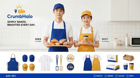 品牌 VI 工装版式展板，烘焙店 `CrumbHalo` 全套视觉物料展示，明亮克莱因蓝与暖蜂蜜黄高对比主色调，干净 ins 风商业品牌设计主视觉；画面中心是一 - AI生成图片 2