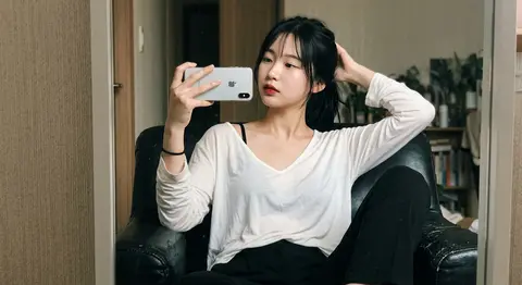 This photo captures a highly atmospheric indoor Mirror Selfie. It freezes a mome - AI生成图片 1