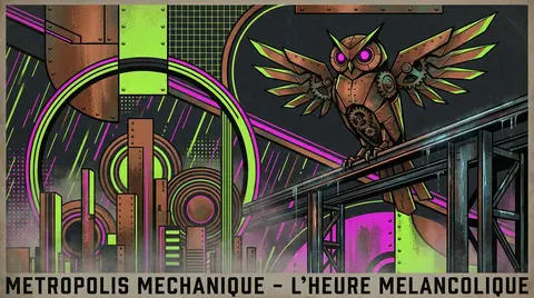 A melancholic clockwork owl poised on a rain-slick transit gantry high above a v - AI生成图片 3