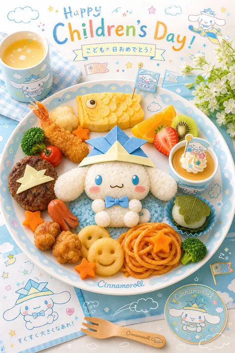 提供画像のキャラクターやモチーフの世界観・配色・空気感をそのまま映し出した、こどもの日祝いの高品質なお子様ランチプレート。中央には入力画像の主役キャラクターを、 - AI生成图片 2