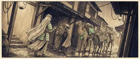 A hushed rain-drenched side passage at dusk, rendered as an exquisite ukiyo-e wo - AI生成图片 2