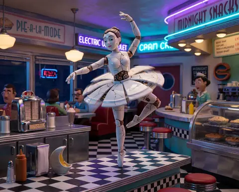 Claymation stop-motion tableau inside a chrome-trimmed 1950s roadside diner at m - AI生成图片 2