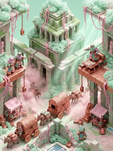 An isometric miniature tableau of a desert nomad caravan threading through ancie - AI生成图片 1