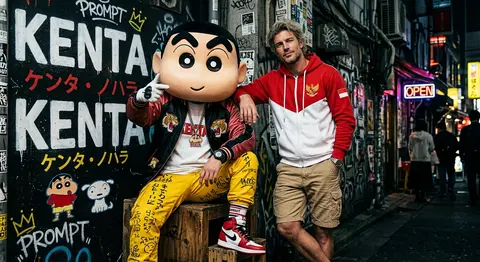 A stylized urban streetwear scene in a gritty graffiti-covered alleyway, featuri - AI生成图片 1