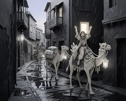 A joyful desert nomad caravan rendered as a layered papercut diorama, winding th - AI生成图片 2
