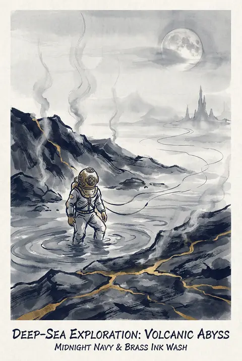 Vertical travel poster in traditional ink wash painting: a solitary deep-sea div - AI生成图片 1