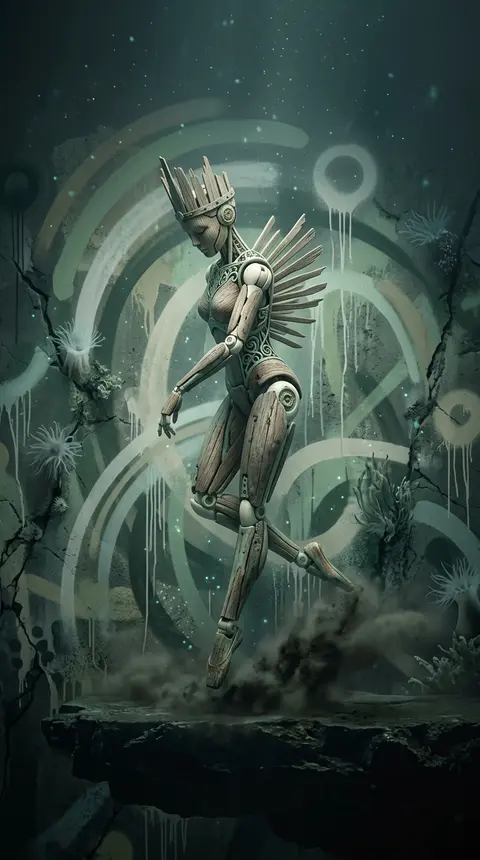 Full-body depiction of a poised robotic ballet dancer suspended just above a jag - AI生成图片 1