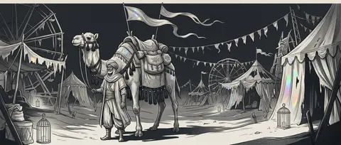 16:9 composition, a sorrow-soaked desert nomad caravan drifting through a midnig - AI生成图片 1