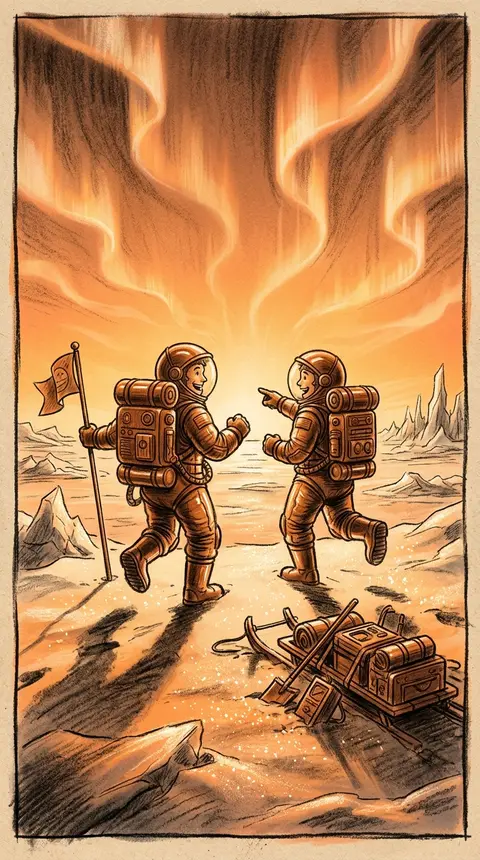 Two jubilant twin astronaut explorers in bulbous vintage pressure suits, skippin - AI生成图片 1