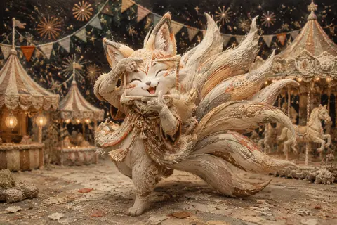 A jubilant nine-tailed fox spirit prancing through a midnight carnival, its tail - AI生成图片 1
