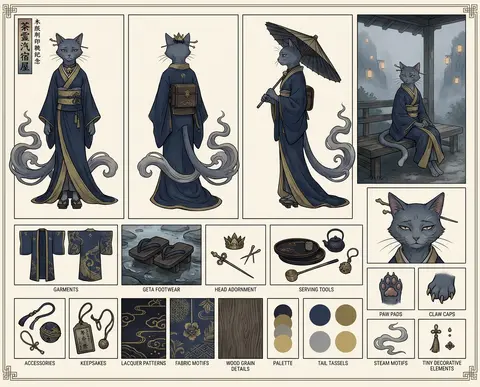 official character concept sheet of a tea-house cat spirit, mournful yet dignifi - AI生成图片 3