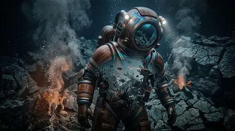 A full-body deep-sea diver in a lacquered-wood pressure suit, submerged within a - AI生成图片 1