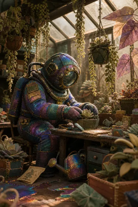 A melancholic low-poly 3D render of a deep-sea diver նստled in a sun-drenched gr - AI生成图片 2