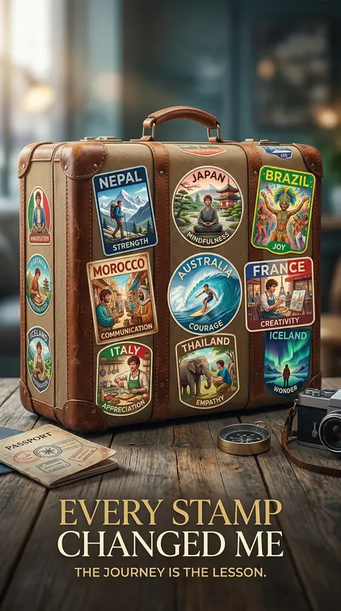 A premium 9:16 travel advertising poster.Main Subject: A luxury suitcase covered - AI生成图片 3