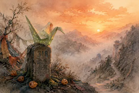 a living origami paper crane perched on a weathered milestone along a fog-shroud - AI生成图片 3