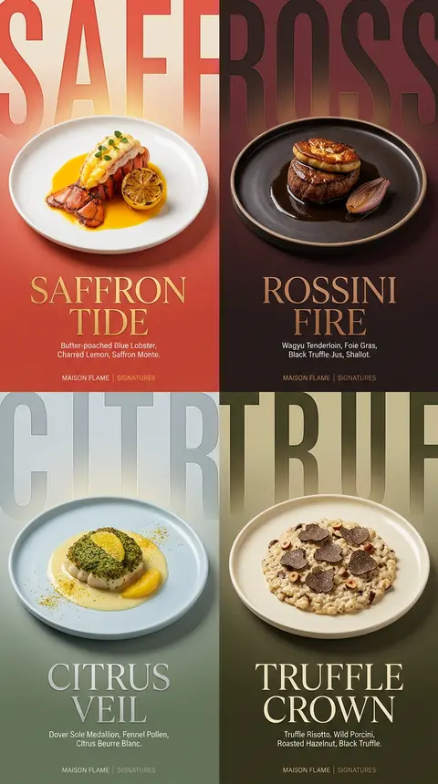 Create an ultra-premium horizontal 2x2 four-panel Western fine-dining campaign p - AI生成图片 1