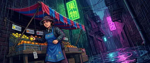 16-bit pixel art, tense cinematic rain-soaked back alley, a market fruit vendor - AI生成图片 1