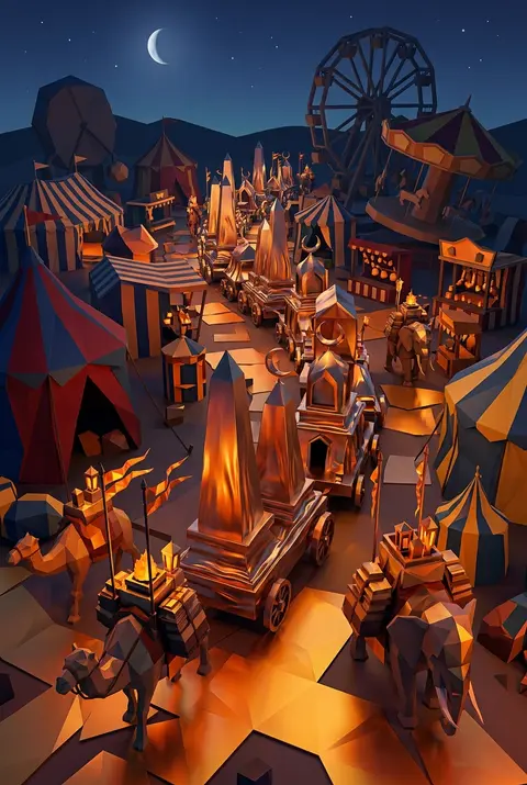 A colossal desert nomad caravan surges through a midnight carnival like a moving - AI生成图片 3