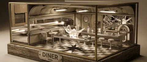 A razor-edged isometric miniature inside a 1950s roadside diner, rendered in mut - AI生成图片 3