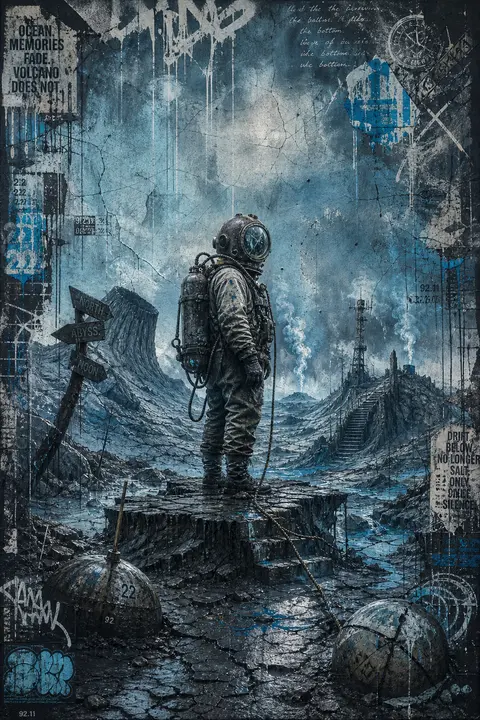 一幅纵向构图的街头涂鸦壁画式幻想海报：龟裂的火山荒原铺展开来，地表像被雨水反复揉捏过的湿陶土，泛着冷冽银光与冰川蓝反射；中央主角是一名深海潜航员，穿着笨重而陈旧 - AI生成图片 2