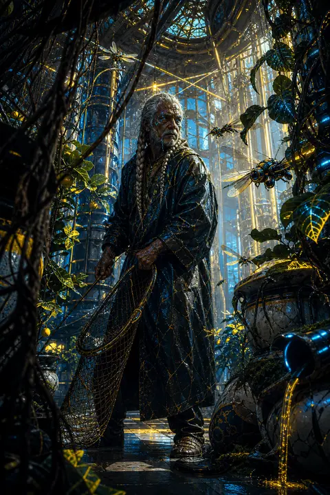 An elderly fisherman with weather-cut features and silver braids stands frozen b - AI生成图片 2