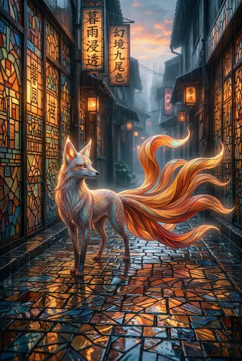 暮雨浸透的狭窄后巷里，静立着一只神话中的九尾狐灵，身形修长优雅，尾羽般的九条长尾以编织真丝质感层层展开，仿佛被晚霞染透的织物在空气中缓缓漂浮；地面潮湿反光，积水 - AI生成图片 1
