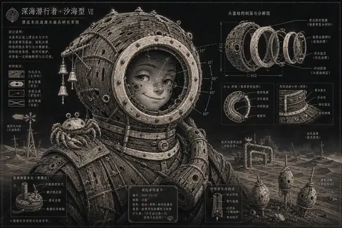 一名深海潜行者伫立在黎明沙海的低矮沙脊上，整体以古老工程蓝图式示意图呈现，却带着俏皮荒诞的童趣感；主视角为近距离竖构图，胸口以上特写，身体与头部微微转向一侧，视 - AI生成图片 2