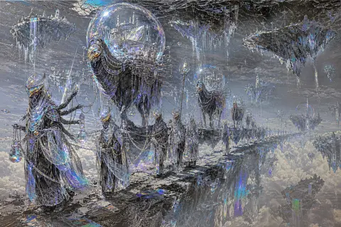 A spectral desert nomad caravan traversing a chain of floating sky islands above - AI生成图片 2