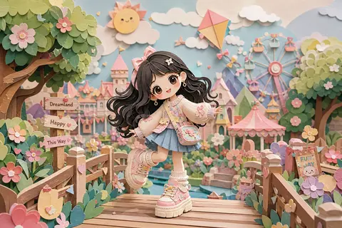 Cute layered paper-cut art style illustration of a chibi girl with big expressiv - AI生成图片 1