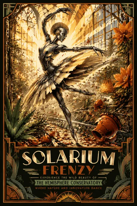 vertical 9:16 art deco travel poster, a robotic ballet dancer erupting into a ra - AI生成图片 1