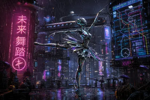 Robotic ballet dancer forged from flowing liquid mercury, poised mid-arabesque o - AI生成图片 1
