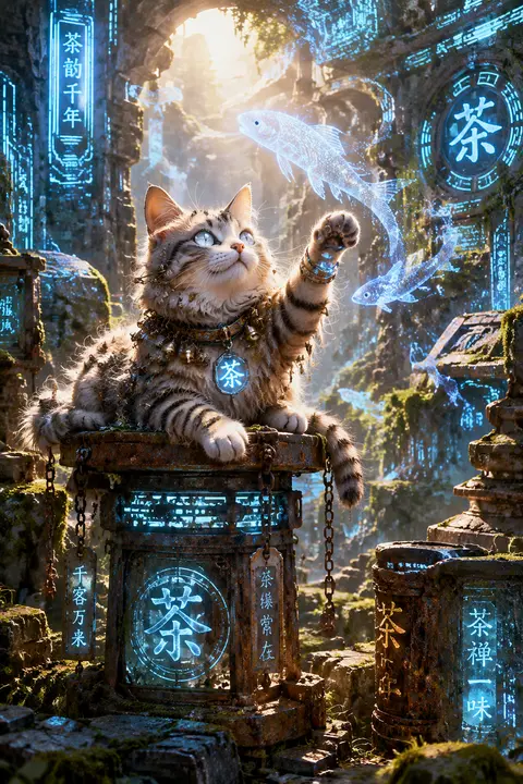 A jubilant tea-house cat with polished silver eyes and a cascade of tiny copper - AI生成图片 2