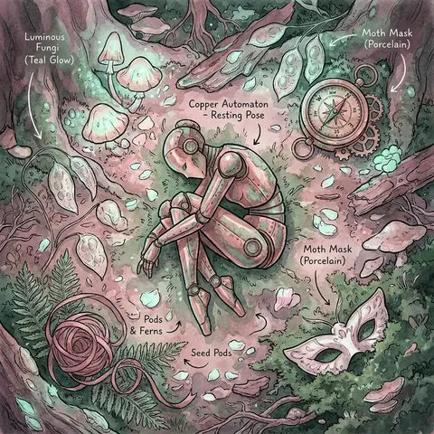 Top-down flat lay of a bioluminescent night forest clearing arranged like a ritu - AI生成图片 1