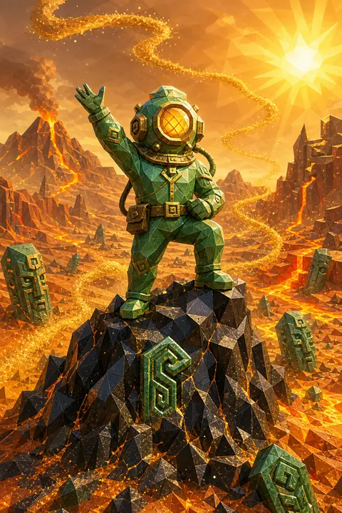 Radiant low-poly 3D scene of a jubilant deep-sea diver standing triumphantly ato - AI生成图片 1
